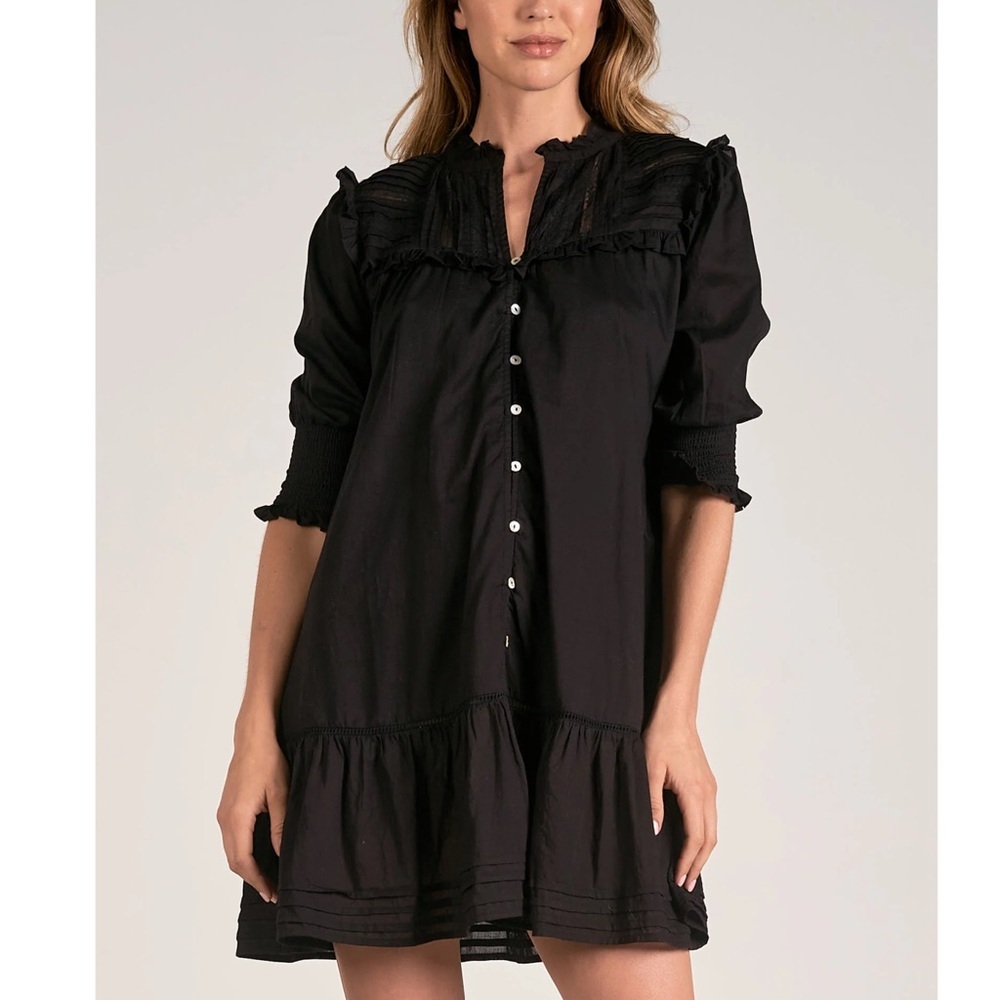Elan • Black Button-Front Ruffle Dress in Black